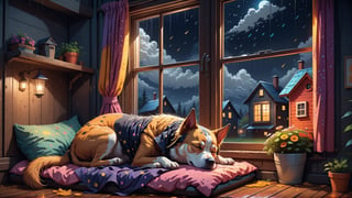 dark night, in a cozy home, A girl sleeping beside the window , a dog is also sleeping beside her , outside the window is a raining stary night, in the style of 2d game art, cinestill 50d, warm light, nightmare,  colourful animation stills,Leonardo Style, cyborg style