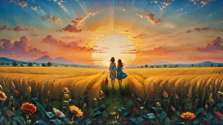 In this marvelous work of art, ,this high-quality photograph is a visual treat that radiates charm, inviting viewers to immerse themselves in its delightful atmosphere. Surrealist art Leonardo Style, ColorArt, 
( a girl and a boy stand back to back in the field, one looking at the sunset, and another rising sun )