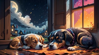 dark night, in a cozy home, A girl sleeping beside the window , a dog is also sleeping beside her , outside the window is a raining stary night, in the style of 2d game art, cinestill 50d, warm light, nightmare,  colourful animation stills,Leonardo Style, cyborg style