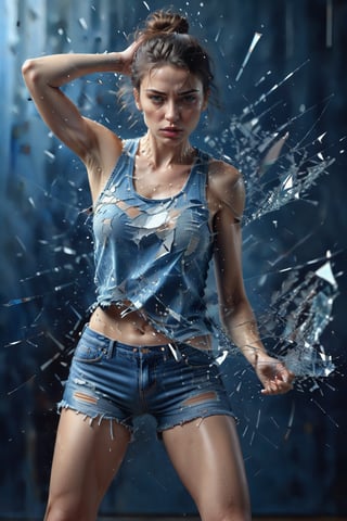 hyperrealism, masterpiece, a beautiful woman shattering glasslike surface, determined face, teared tanktop and short jeans, other dimension,photorealistic