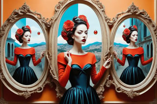 Neo-surrealism, whimsical art, fantasy, magical realism, bizarre art, pop-surrealism, inspired by Remedios Val. Depicts multiple twisted mirrors and a beautiful fashion woman.
