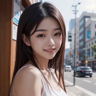 20 year old Korean girl, korean pop idol style, beautiful face, smile