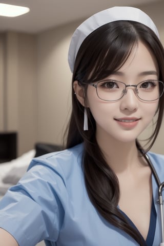 (masterpiece),  realistic, image of a Japanese female, high quality,  8K Ultra HD,  photorealistic has a fully detailed mature face,  Realistically not Ai,  36D, NATURAL,  charming,  detailed face, 170cm height, high heels as a sexy wife 1 girl, beautiful Korean girl, smile, wearing sexy, glasses, cosplay NURSE in the hospital on operation table...