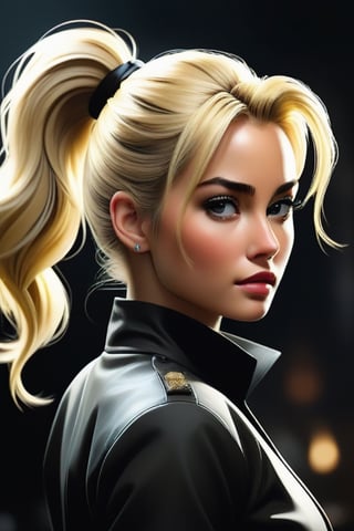 Create an original concept art of a blond ponytail female character inspired by the thriller genre. The character should be surrounded by flowing black ink that integrates with her form,  creating an enigmatic and darkly elegant appearance. The artwork should be highly detailed and photorealistic,  resembling a fluid gouache painting with elements of calligraphy. Employ a blend of natural and volumetric lighting to accentuate the intricate,  complex design,  giving the piece a fantastical and maximalist feel. The image should convey a sense of mystery and sophistication,  matching the quality of an 8k resolution professional photograph.
