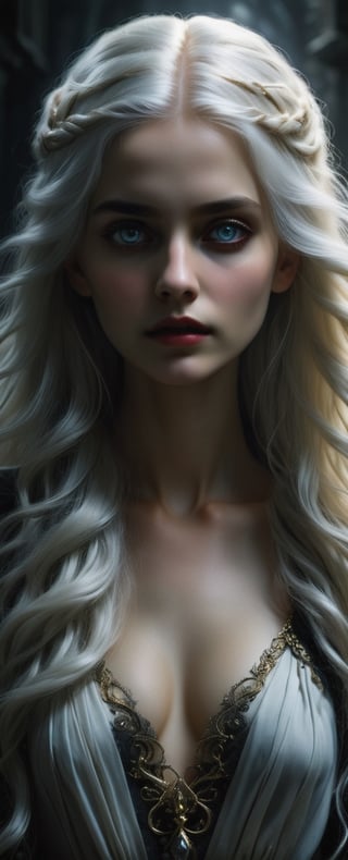 Masterpiece, realistic photo, ((upper body)), a mysterious girl with long, flowing white hair walks slowly towards you on a dark, stunning beauty, perfect face, sinister path, eerie, ghostly, the girl maintains unnerving eye contact as she approaches, her presence is unsettling and her intentions ambiguous, with each step she takes, a feeling of apprehension and intrigue grows, photo realistic dark concept art, highly detailed, gothic theme aesthetics, 8K, Rembrandt lighting, Hans Ruedi Giger, Marco Mazzoni, dystopic, golden light, perfect composition, add_more_creative