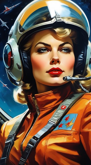 masterpiece, best quality, ultra high resolution, visually stunning, beautiful, award-winning art (abstract art: 1.3), beautiful, A very beautiful Russian soviet female communist punk pilot in the cockpit of a distant future space fighter, space fight, vintage sci-fi, 

more detail XL, detailmaster2