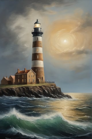 (masterpiece),lighthouse seen from the sea, lighthouse seen from the boat, landscape painting, border between day and night, lighthouse light, security feeling, rendering, painting painted by masters, masterpiece, oil painting, fine details, intricate details, (mysterious), 

add_more_creative