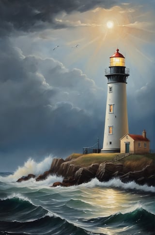 (masterpiece),lighthouse seen from the sea, lighthouse seen from the boat, landscape painting, border between day and night, lighthouse light, security feeling, rendering, painting painted by masters, masterpiece, oil painting, fine details, intricate details, (mysterious), 

add_more_creative