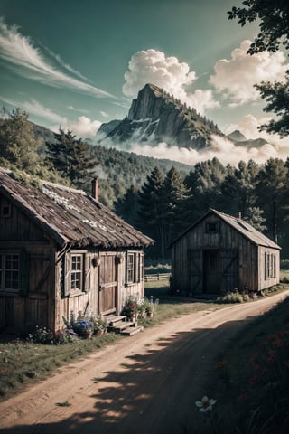 A beautiful small hut, hut's roof covered in a lot of flowers, beautiful clouds, forest, little farm infront of house, vegetable basket near the farm, raw photo, depth of field, UHD, retina, masterpiece, super detail, high details, high quality, award winning, best quality, highres, 1080P, HD, 4K, 8k, 16k, cinematic light, (masterpiece, best quality, ultra-detailed, 8K),

High detailed, Nature,High detailed 