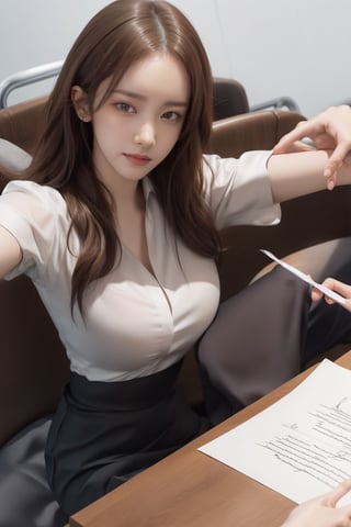 masterpiece, best quality, realistic, high_res, Real image of Fashion style, portrait of a lady photography,
1girl, (solo:1.5), hot, (signing the document:1.4), skirt, shirt, half mouth open, office lady, young, milf style, perfect female body, pantyhose, shot dress, office lady suits, (wearing glass:1.3), (medium breasts:1.3), detailed face, sharp focus, (selfie:1.3), simple background, blurred background, pefect detailed hands,yoona,realhands