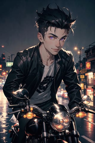 A portrait of handsome man wearing a black jacket, black hair colour, riding a harley davidson, quiff haircut, 25 year age, bright lighting, ground fork, low light, highly detailed 8k, smile expression, glowing purple eyes, midjourney, road background, High detailed 