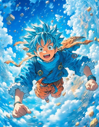 Anime artwork. Close-up. 1boy floating between blue sky, art by Akira Toriyama, anime style, key visual, vibrant, studio anime, highly detailed