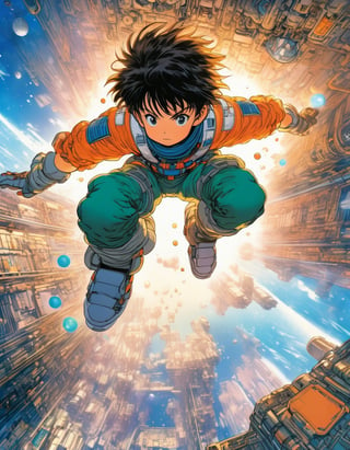 Anime artwork. Close-up. 1boy floating inside space station, art by Masamune Shirow, anime style, key visual, vibrant, studio anime, highly detailed