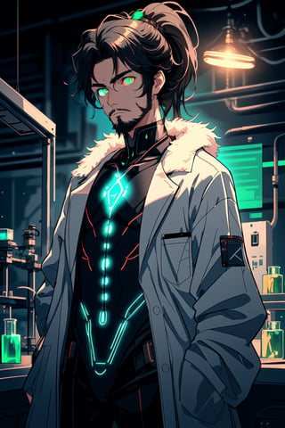 A portrait of a guys wearing a fur collar jacket, ponytail hair , beard, 28 years old of age , he standing in laboratory full of robots,  medium light, highly detailed, 8k, flat expression, glowing green eyes, wear a lab coat also, black hair,blend, torso shot, bokeh