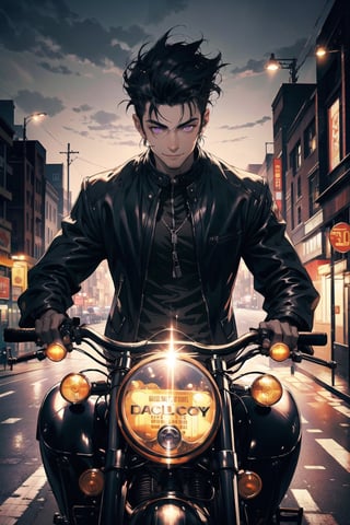 A portrait of handsome man wearing a black jacket, black hair colour, riding a harley davidson, quiff haircut, 25 year age, bright lighting, ground fork, low light, highly detailed 8k, smile expression, glowing purple eyes, midjourney, road background, High detailed 