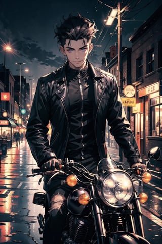 A portrait of handsome man wearing a black jacket, black hair colour, riding a harley davidson, quiff haircut, 25 year age, bright lighting, ground fork, low light, highly detailed 8k, smile expression, glowing purple eyes, midjourney, road background, High detailed 