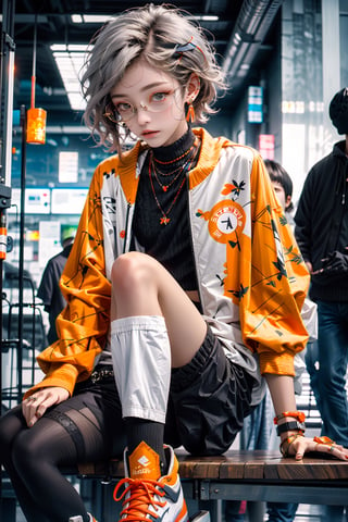 yellow_jacket, 1girl,  oversized_clothes , white_hair , sneakers , sitting inside a subway