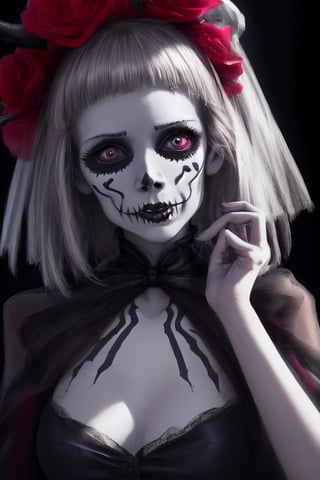 jack skellington image,dia de muertos. catrin oscuro, estilo jack skellington, agresivo , realistic,femenine, 2_girls, ojos normales, ojos hermosos, femenina, hermosa