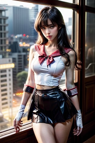  thin mature very tall Woman.
Long Oval face. Windy
Wide shoulders
Black hair. Sailor Mars. white sailor outfit with red skirt with pleats.  Red long gloves.
Intense fire, dramatic light
Tokyo at night in the background.
hourglass body shape,Futuristic room,sailor mars