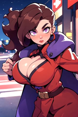 Masterpiece, Best Quality, perfect breasts, perfect face, perfect composition, UHD, 4k, ((1girl)), ((solo)), purple eyes, (((red military uniform))), (((female m. bison))), in a street, at night, busty woman, great legs, ((dark-brown hair)), shoulder-length hair, ((natural breasts)), red lipstick,thepit, (cowboy shot), large breasts, long cape,