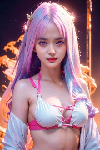 (masterpiece, top quality, best quality, official art, beautiful and aesthetic:1.2), hdr, high contrast, wideshot, 1girl, blunt bangs, looking at viewer, (seducing act), frosty, icy eyeshadow, longfade eyebrow, soft make up, juicy lips, large breast, hourglass body, light smile, finger detailed, background detailed, ambient lighting, extreme detailed, cinematic shot, realistic ilustration, (soothing tones:1.3), (hyperdetailed:1.2), plmtbknazln, twintails, large breasts, navel, white string bikini, side-tie bikini bottom, pink ribbon, blunt bangs,r1ge,frey4,est4