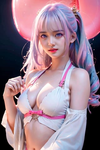 (masterpiece, top quality, best quality, official art, beautiful and aesthetic:1.2), hdr, high contrast, wideshot, 1girl, blunt bangs, looking at viewer, (seducing act), frosty, icy eyeshadow, longfade eyebrow, soft make up, juicy lips, large breast, hourglass body, light smile, finger detailed, background detailed, ambient lighting, extreme detailed, cinematic shot, realistic ilustration, (soothing tones:1.3), (hyperdetailed:1.2), plmtbknazln, twintails, large breasts, navel, white string bikini, side-tie bikini bottom, pink ribbon, blunt bangs,r1ge,frey4,est4