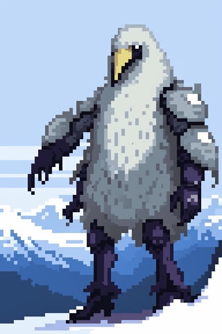 Opium bird, standing, feathers, white feathers, bird, birdman, humanoid, bird head, with extremely long beak, long beak, long mouth, full body, bird legs, bird arms, sinister, terrifying, beautiful , ragged, wide body, fat

High quality, HD, 4kHD, cinematic, atmospheric, realistic, ultra-realistic
snow, mountain, cloudy, gray sky, dark clouds
Detail,lora:largebulg1-000012:1,AIDA_NH_humans,Pixel art