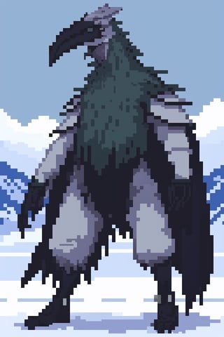 Opium bird, standing, feathers, white feathers, bird, birdman, humanoid, bird head, with extremely long beak, long beak, long mouth, full body, bird legs, bird arms, sinister, terrifying, beautiful , ragged, wide body, fat

High quality, HD, 4kHD, cinematic, atmospheric, realistic, ultra-realistic
snow, mountain, cloudy, gray sky, dark clouds
Detail,lora:largebulg1-000012:1,AIDA_NH_humans,Pixel art