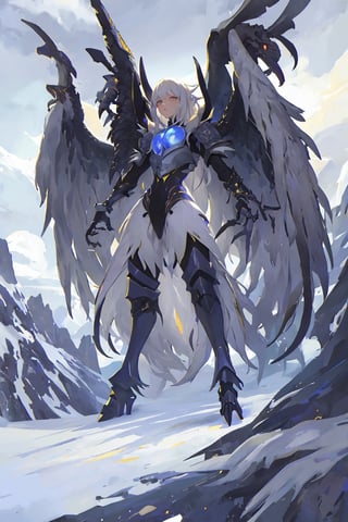 Opium bird, standing, feathers, white feathers, bird, birdman, humanoid, bird head, with extremely long beak, long beak, long mouth, full body, bird legs, bird arms, sinister, terrifying, beautiful , ragged, wide body, fat

High quality, HD, 4kHD, cinematic, atmospheric, realistic, ultra-realistic
snow, mountain, cloudy, gray sky, dark clouds
Detail,lora:largebulg1-000012:1,AIDA_NH_humans