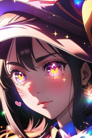 (masterpiece), best quality, expressive eyes, perfect face, glowing eyes, heart pupils, hair ornament, Volumetric Lighting, glitter, blush stickers,outfit-km,Megu-KJ, wizard hat