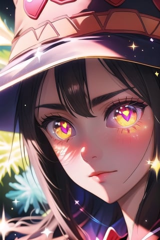 (masterpiece), best quality, expressive eyes, perfect face, glowing eyes, heart pupils, hair ornament, Volumetric Lighting, glitter, blush stickers,outfit-km,Megu-KJ, wizard hat