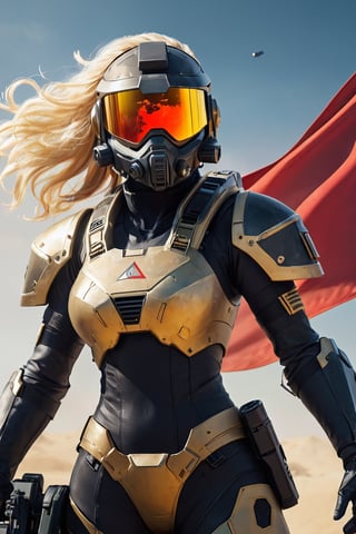 high resolution, depth of field high,Helldivers Female Operator with Superearth flag proudly Waving Behind her,automaton Red Mist with laser, crystal clear eyes, Blonde, Galaxy Colors Eyes, oceanic Color Eyes, beatiful Eyelashes,Golden hair, Hair Seeping through the sides of the helmet, Perfect face Proportions, Full Body portrait, Combat ready Stance, Gun Pointing towards the viewer