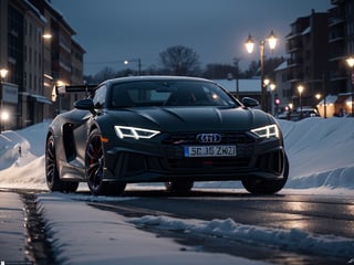 2030s era, supercar, coupe, racing custom, open front light, black body, designed by Audi, in the festival, snowy, night time, (best quality, realistic, photography, highly detailed, 8K, HDR, photorealism, naturalistic, lifelike, raw photo) 