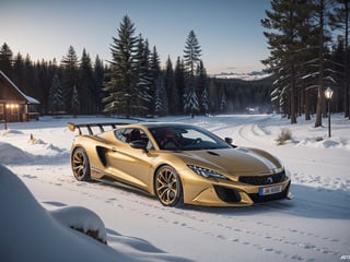 2030s era, supercar, coupe, gold body paint, racing custom, open front light, designed by Peugeot, in the festival, snowy, night time, (best quality, realistic, photography, highly detailed, 8K, HDR, photorealism, naturalistic, lifelike, raw photo) 