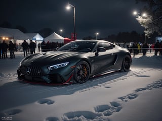 2030s era, supercar, coupe, racing custom, open front light, black body, designed by Mercedez AMG, in the festival, snowy, night time, (best quality, realistic, photography, highly detailed, 8K, HDR, photorealism, naturalistic, lifelike, raw photo) 