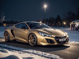 2030s era, supercar, coupe, gold body paint, racing custom, open front light, designed by Peugeot, in the festival, snowy, night time, (best quality, realistic, photography, highly detailed, 8K, HDR, photorealism, naturalistic, lifelike, raw photo) 