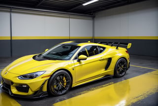 sport cars, in the factory, yellow paint, front view, (masterpiece, best quality, highly detailed) 