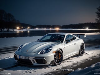 2030s era, supercar, coupe, silver paint, racing custom, open front light, designed by Porsche, in the festival, snowy, night time, (best quality, realistic, photography, highly detailed, 8K, HDR, photorealism, naturalistic, lifelike, raw photo) 