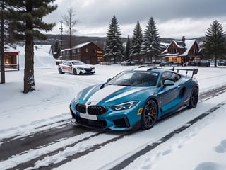 supercar, coupe, racing modified, blue front light, white body, produced in 2030, designed by BMW, in the christmas festival, snowy, daytime, (best quality, realistic, photography, highly detailed, 8K, HDR, photorealism, naturalistic, lifelike, raw photo) 