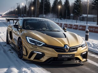 2030s era, supercar, coupe, gold body paint, racing custom, open front light, designed by Renault, in the festival, snowy, night time, (best quality, realistic, photography, highly detailed, 8K, HDR, photorealism, naturalistic, lifelike, raw photo) 