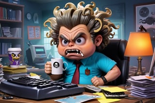 An illustration of a Garbage Pail Kids trading card featuring a quirky, exaggerated depiction of a male computer guy in an office setting, inspired by the 2005 series The Office. The character resembles a comically exaggerated version of one of the show's employees, with an over-the-top, messy appearance. He sits at a cluttered desk overflowing with tangled cables, outdated computer monitors, and coffee-stained paperwork. In one hand, he holds a white coffee mug that prominently reads 'World's Best Boss,' a nod to the iconic mug from the show. His expression is a mix of frustration and mania, with exaggerated features like large, tired eyes and a wild hairstyle. The office background includes humorous details reminiscent of The Office, such as a stapler in Jello, sticky notes, and a chaotic stack of keyboards. The illustration is vibrant and exaggerated, capturing the iconic, slightly gross-out humor typical of Garbage Pail Kids while nodding to the setting and humor of The Office, halloween