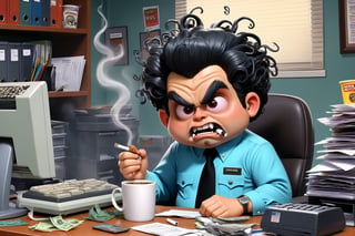 An illustration of a Garbage Pail Kids trading card featuring a quirky, exaggerated depiction of a male computer guy in an office setting, inspired by the 2005 series The Office. The character has a military haircut with black hair streaked with white, adding a touch of maturity to his comically exaggerated appearance. He sits at a cluttered desk overflowing with tangled cables, outdated computer monitors, and coffee-stained paperwork. He holds a lit cigarette in one hand, with smoke curling up, and a white coffee mug that prominently reads 'World's Best Boss' in the other. A cluttered ashtray overflowing with cigarette butts sits on the desk. His expression is a mix of frustration and mania, with exaggerated features like large, tired eyes. The office background includes humorous details reminiscent of The Office, such as a stapler in Jello, sticky notes, and a chaotic stack of keyboards. The illustration is vibrant and exaggerated, capturing the iconic, slightly gross-out humor typical of Garbage Pail Kids while nodding to the setting and humor of The Office