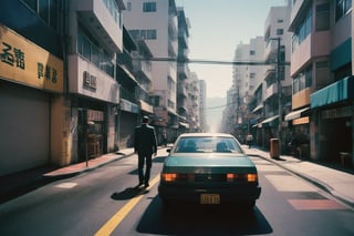 Pixelated glitchart image of a man and a car in Hong Kong's Mong Kok, with motion blur effect. Style inspired by PS1 PlayStation, PSX, and GameCube, reminiscent of the game Radioactive Dreams. Rendered using Bryce Software with a 3D aesthetic. Intense contrast, deep shadows, and minimal lighting create a moody atmosphere. The scene features deep blacks and is captured with a style reminiscent of Julius Shulman.