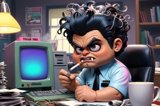 An illustration of a Garbage Pail Kids trading card featuring a quirky, exaggerated depiction of a male computer guy in an office setting, inspired by the 2005 series The Office but with a distinct 80s aesthetic. The character has a military haircut with black hair streaked with white, adding a touch of maturity to his comically exaggerated appearance. He sits at a cluttered desk overflowing with tangled cables, bulky 80s computer monitors, and coffee-stained paperwork. He holds a lit cigarette in one hand, with smoke curling up, and a white coffee mug that prominently reads 'World's Best Boss' in the other. A cluttered ashtray overflowing with cigarette butts sits on the desk. His expression is a mix of frustration and mania, with exaggerated features like large, tired eyes. The office background includes humorous details reminiscent of The Office, such as a stapler in Jello, sticky notes, and a chaotic stack of keyboards. The illustration is vibrant and exaggerated, with neon colors and geometric patterns typical of the 80s, capturing the iconic, slightly gross-out humor typical of Garbage Pail Kids while nodding to the setting and humor of The Office.