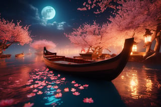  small wooden boats, lanterns, flyingpeach blossom, moon, rim lighting, vibrant details, hyper-realistic, super detailed, super realistic, super fine detail depiction, high resolution, abstract beauty, stand, approaching perfection, pure form,  intricate details, 8k post production, high resolution, hyperdetailed, trending on artstation, sharp focus, intricate details, highly detailed, (cinematic, cinematic lightings, cinematic film color, perfect hand), high detail, high detail skin, real skin, 8k, high_resolution, high quality, (Flowers fall at doo, falling meteor, High detailed, Color magic mythical clouds, steam wind, High detailed ,Color magic, Saturated colors, Color saturation ,