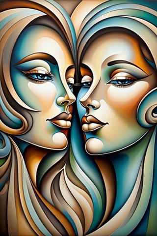 Abstract figurative painting of women and man whispering, neo cubism style Michael Lang, pastel color palette, glazed gradients, strong contour lines.