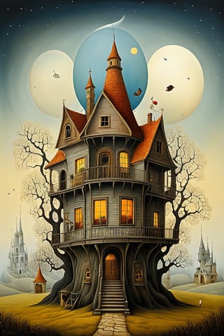 Neo surrealism, whimsical art, painting, fantasy, magical realism, bizarre art, pop surrealism, inspired by Remedios Var, Jacek Yerka and Gabriel Pacheco. Create an illustration of a House of Wonders