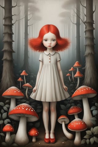 Painting in art style of Nicoletta Ceccoli, Daria Petrilli and Anton Semenov, minimalist style. Painting of the beautiful girl surrounded by the mushrooms in the forest.