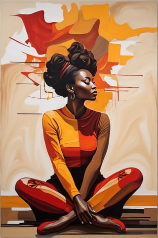 An abstract figurative painting of the entire female silhouette sitting on the floor with her legs folded. Red, orange, yellow, brown, black color palette.