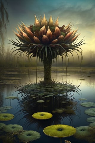 here is a very strange looking flower, furry pedals in the middle of a swamp, surreal and fantasy art, dark surreal art, surreal dark fantasy, surreal concept art, surrealistic digital artwork, 8k surrealism, ornate, inspired by Tomasz alen kopera, and Gabriel Pacheco